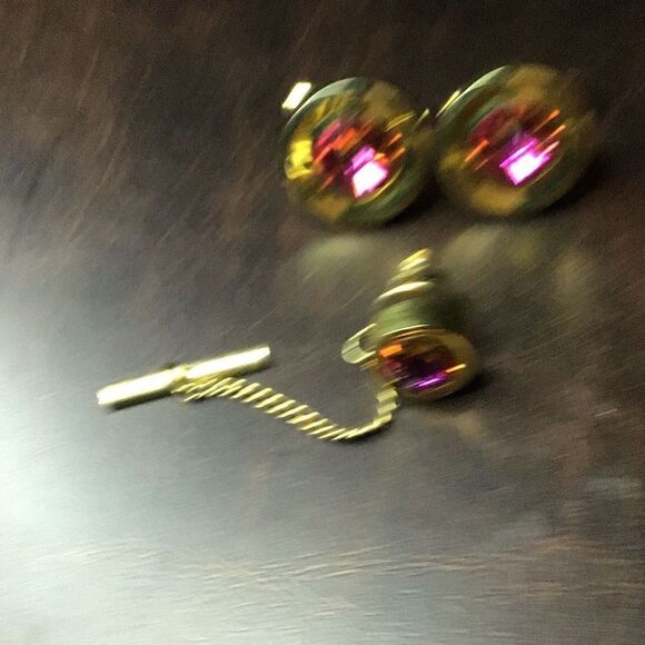 Vintage Cuff links and tie tack gold and hot pink - Picture 3 of 5
